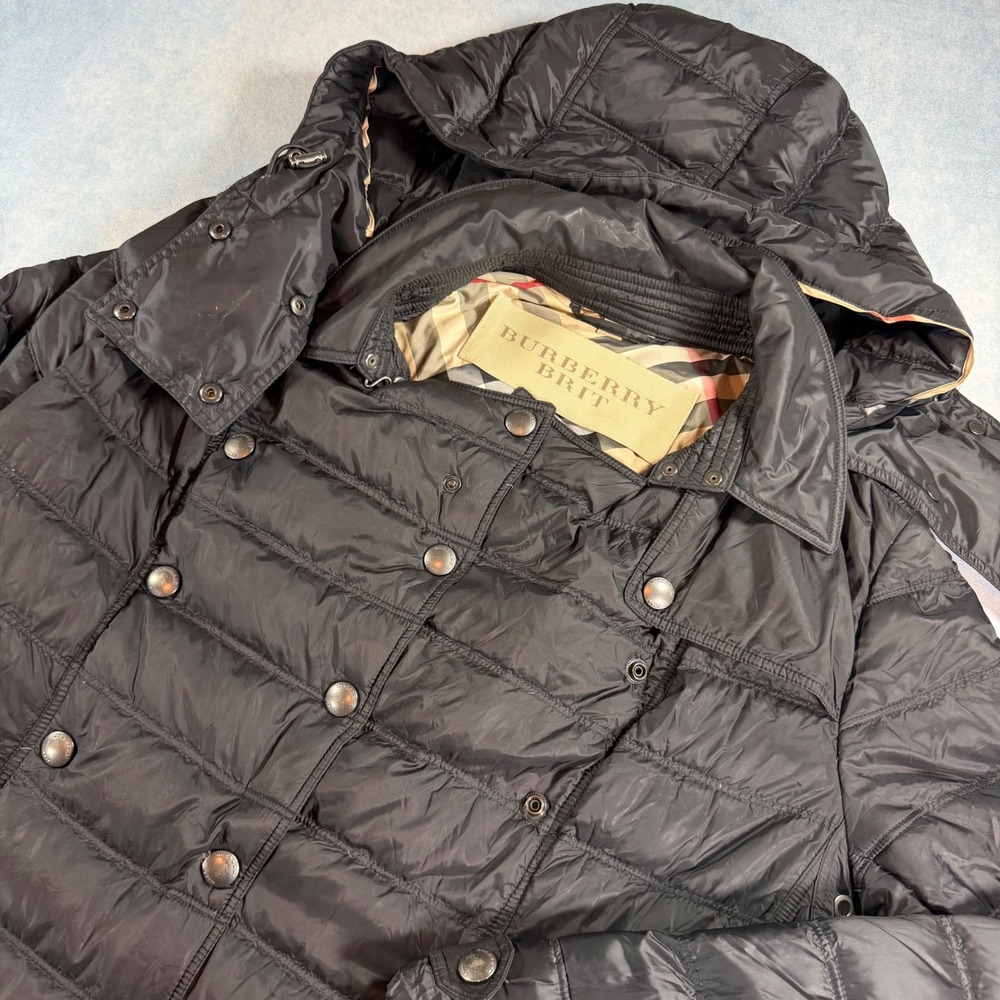 Burberry Brit Puffer Coat Womens Large Black Excellent Down Hooded 3906111